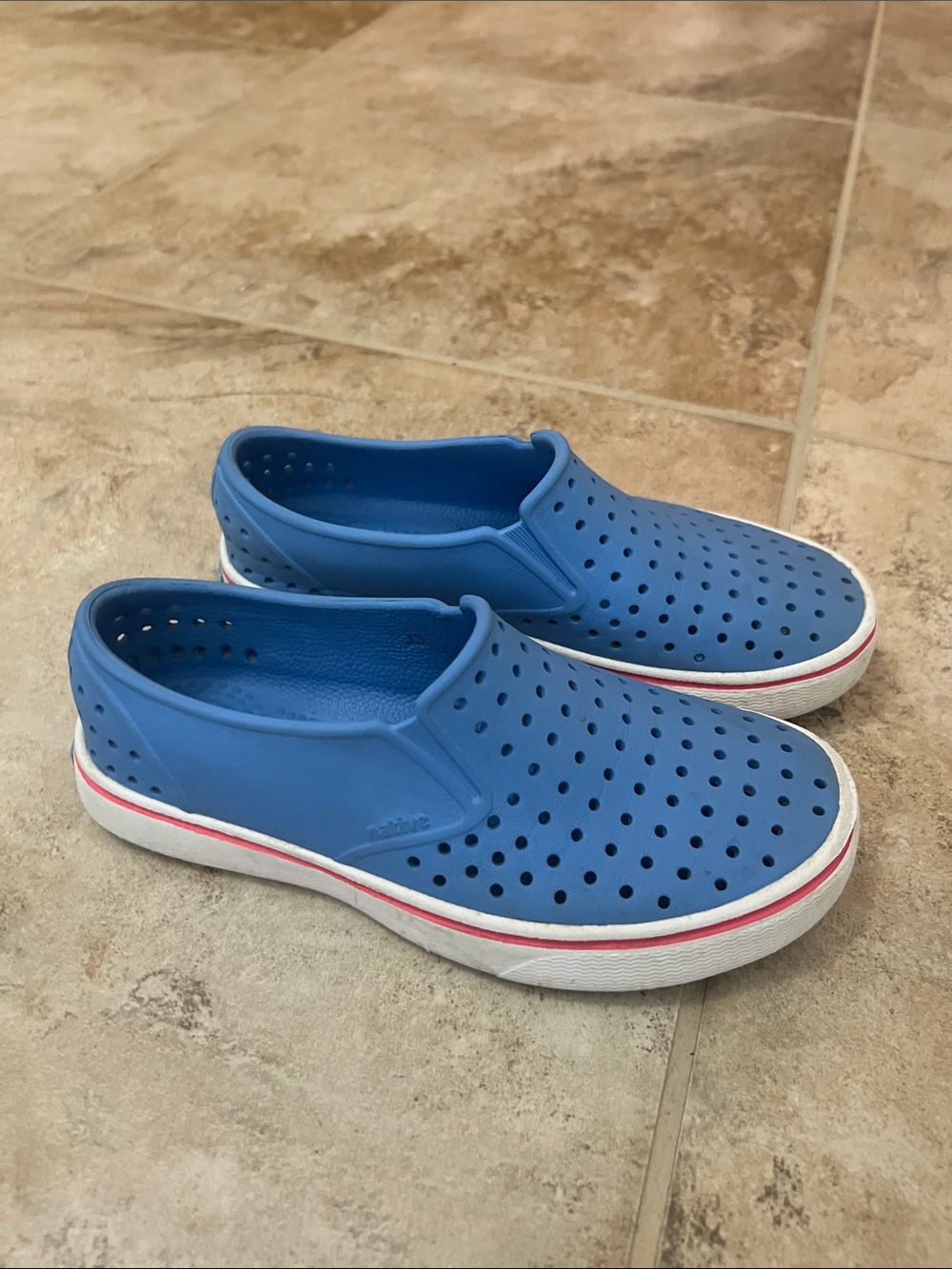 Native Kids Blue Slip-On Perforated Water Shoes with White Sole and Red Accent